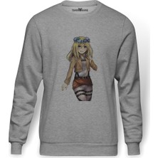 Tshirthane Anime Attack On Titan Baskılı Gri Erkek Örme Sweatshirt Uzun Kol