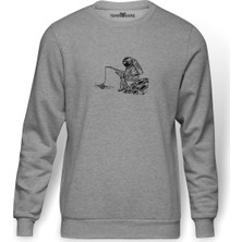 Tshirthane Astronaut Spaceman With Blue Whale Baskılı Gri Erkek Örme Sweatshirt Uzun Kol
