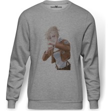 Tshirthane Anime Attack On Titan Baskılı Gri Erkek Örme Sweatshirt Uzun Kol