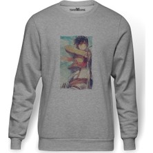 Tshirthane Anime Attack On Titan Baskılı Gri Erkek Örme Sweatshirt Uzun Kol
