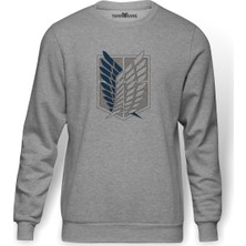 Tshirthane Attack On Titan Amblem Logo Baskılı Gri Erkek Örme Sweatshirt Uzun Kol