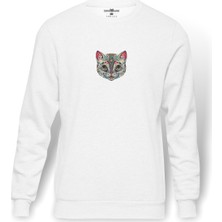 Tshirthane Cat Renkli Hayvan Çok Renkli Kedi Baskılı Beyaz Erkek Örme Sweatshirt Uzun Kol