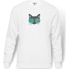 Tshirthane Cat Kedi V  Baskılı Beyaz Erkek Örme Sweatshirt Uzun Kol