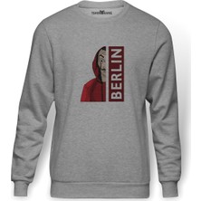 Tshirthane La Case De Papel Berlin Baskılı Gri Erkek Örme Sweatshirt Uzun Kol