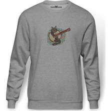 Tshirthane Black Cat Playing The Guitar Baskılı Gri Erkek Örme Sweatshirt Uzun Kol