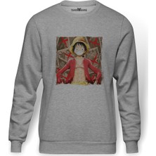 Tshirthane Anime One Piece King Of Pirate Baskılı Gri Erkek Örme Sweatshirt Uzun Kol