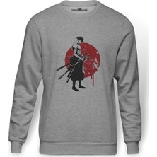 Tshirthane Anime One Piece Ninja Kılınç Baskılı Gri Erkek Örme Sweatshirt Uzun Kol