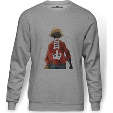 Tshirthane Anime One Piece Donguijote Baskılı Gri Erkek Örme Sweatshirt Uzun Kol