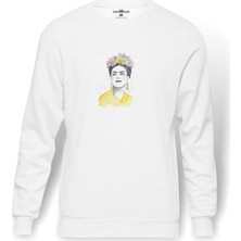 Tshirthane Frida Kahlo Watercolor  Baskılı Beyaz Erkek Örme Sweatshirt Uzun Kol