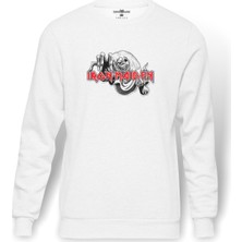 Tshirthane Iron Maıden Number Of The Beast Baskılı Beyaz Erkek Örme Sweatshirt Uzun Kol