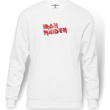 Tshirthane Iron Maiden Rock Am Ring Metal Baskılı Beyaz Erkek Örme Sweatshirt Uzun Kol