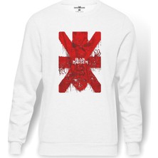 Tshirthane Iron Maiden X Metal Rock Muzik Baskılı Beyaz Erkek Örme Sweatshirt Uzun Kol