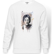 Tshirthane John Lennon   Baskılı Beyaz Erkek Örme Sweatshirt Uzun Kol
