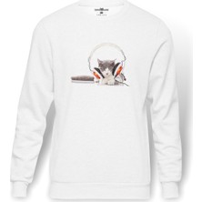 Tshirthane Kedi Cat Phone Müzik Kulaklık  Baskılı Beyaz Erkek Örme Sweatshirt Uzun Kol