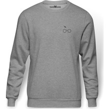 Tshirthane H P Gözlük Şimşek  Baskılı Gri Erkek Örme Sweatshirt Uzun Kol
