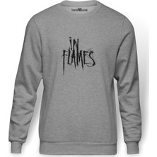 Tshirthane In Flames Logo  Baskılı Gri Erkek Örme Sweatshirt Uzun Kol