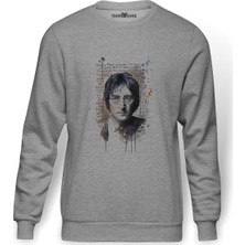 Tshirthane John Lennon   Baskılı Gri Erkek Örme Sweatshirt Uzun Kol
