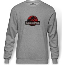 Tshirthane Jurasssıc Park   Baskılı Gri Erkek Örme Sweatshirt Uzun Kol