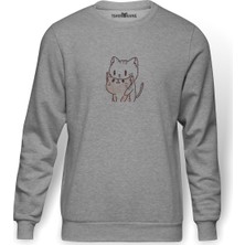 Tshirthane Kawaii Cat Kedi  Baskılı Gri Erkek Örme Sweatshirt Uzun Kol