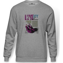 Tshirthane Love My Shoes  Baskılı Gri Erkek Örme Sweatshirt Uzun Kol