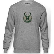 Tshirthane Milwaukee Bucks Logo  Baskılı Gri Erkek Örme Sweatshirt Uzun Kol