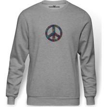 Tshirthane Peace Hippie Peace Symbols Baskılı Gri Erkek Örme Sweatshirt Uzun Kol