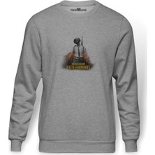 Tshirthane Pubg Patlama 3 Lvl Kask Baskılı Gri Erkek Örme Sweatshirt Uzun Kol