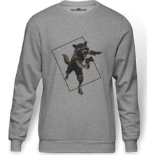 Tshirthane Roket Rakun   Baskılı Gri Erkek Örme Sweatshirt Uzun Kol