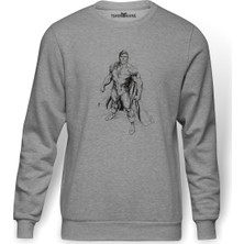 Tshirthane Süper Adam   Baskılı Gri Erkek Örme Sweatshirt Uzun Kol