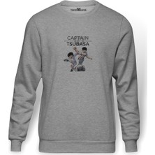 Tshirthane Tsubasa Oozora  Baskılı Gri Erkek Örme Sweatshirt Uzun Kol