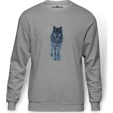 Tshirthane Wolf Kurt Sibirya Köpek Çizim Baskılı Gri Erkek Örme Sweatshirt Uzun Kol