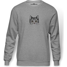 Tshirthane Yavru Kedi Dijital Illüstrasyon Kedi Yavru Baskılı Gri Erkek Örme Sweatshirt Uzun Kol