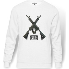 Tshirthane Pubg M416 Baskılı Beyaz Erkek Örme Sweatshirt Uzun Kol