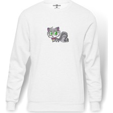 Tshirthane Kedi  Baskılı Beyaz Erkek Örme Sweatshirt Uzun Kol
