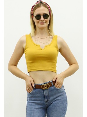 Madmext Mad Girls Önü Detaylı Sarı Crop Top MG362