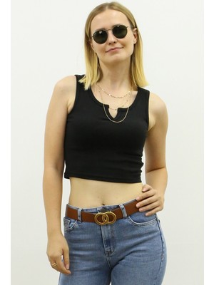 Madmext Mad Girls Önü Detaylı Siyah Crop Top MG362