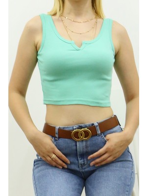 Madmext Mad Girls Önü Detaylı Turkuaz Crop Top MG362