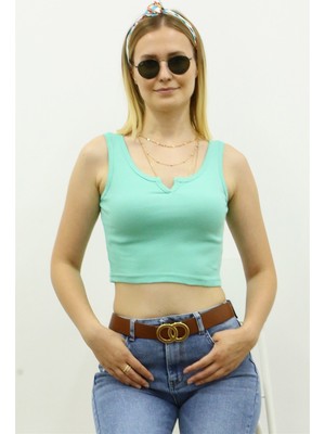 Madmext Mad Girls Önü Detaylı Turkuaz Crop Top MG362