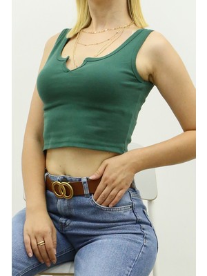 Madmext Mad Girls Yeşil Önü Detaylı Crop Top MG362