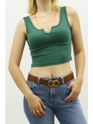 Madmext Mad Girls Yeşil Önü Detaylı Crop Top MG362