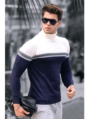 Madmext Madmext Beyaz Renk Bloklu Balıkçı Yaka Kazak 4675