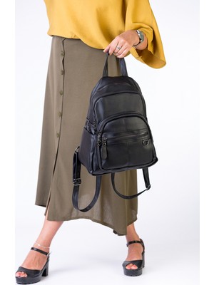 BAGzy 35CM Salaş Yumuşak Yıkama Deri Çok Gözlü Sırt Çantası