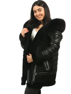 Franko Armondi Kadın Deri Kışlık Klasik Kaban     Şişme Kapşon Siyah YB-1309-19343 Fa2