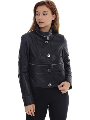 Franko Armondi Kadın Deri Klasik Ceket Boy Ayarlı Çıkma Yaka Lacivert  BK-1125-19624 Fa2