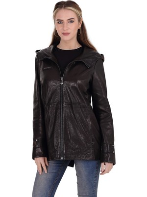 Franko Armondi Kadın Deri Klasik Kaban  Kapşonlu Siyah BO-1442-19607 Fa2