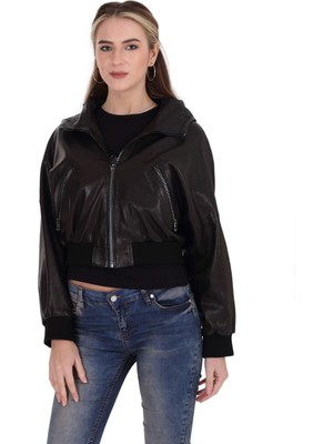 Franko Armondi Kadın Deri Klasik Mont  Kapşonlu Beli Lastikli Siyah BK-1373-19566 Fa2