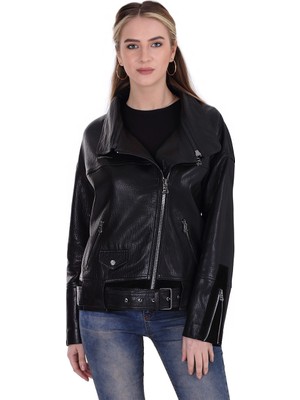Franko Armondi Kadın Deri Spor Biker Mont Oversize Süet Siyah BK-1440-19606 Fa2