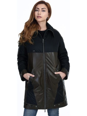 Franko Armondi Kadın Deri Spor Kaban Su Geçirmez Kumaş Siyah-Haki BU-1460A-19709 Fa2