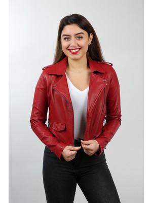 Franko Armondi Kadın Deri Biker Spor Mont Kırmızı BK-1059-18614 Fa1
