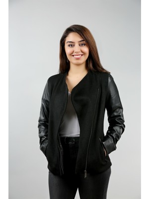 Franko Armondi Kadın Deri Spor Ceket Kaşmir Konbin Siyah BK-722-17344 Fa1